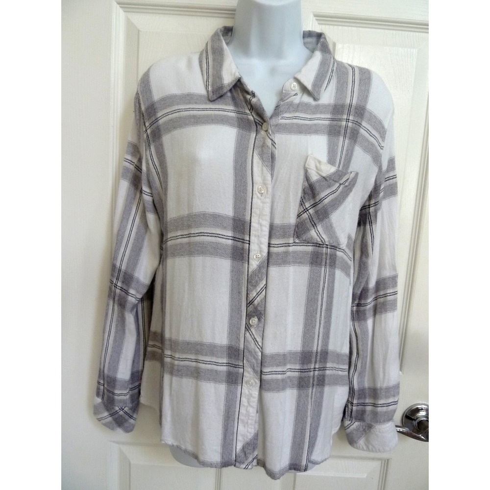 Rails Hunter Plaid Flannel Shirt Gray White Button Up Blouse Medium